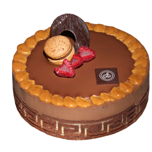 Gâteau Royal croustillant présenté sur fond blanc : biscuit macaron, mousse chocolat et praliné feuilleté