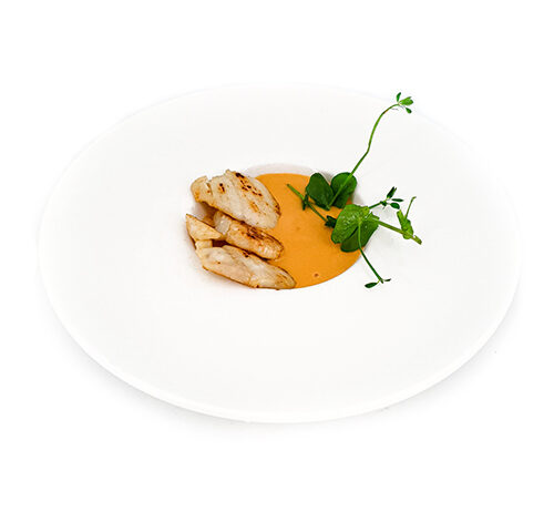 Assiette blanche et creuse avec Joue de lotte crémeux de homard dans les tons rouille et des herbes vertes décoratives