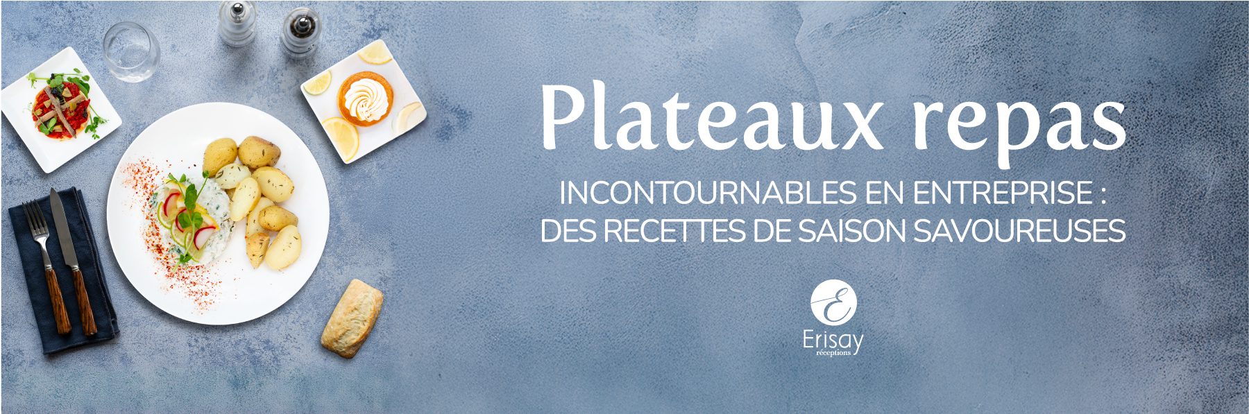 Plateau repas poisson dressé dans des assiettes et sur table.