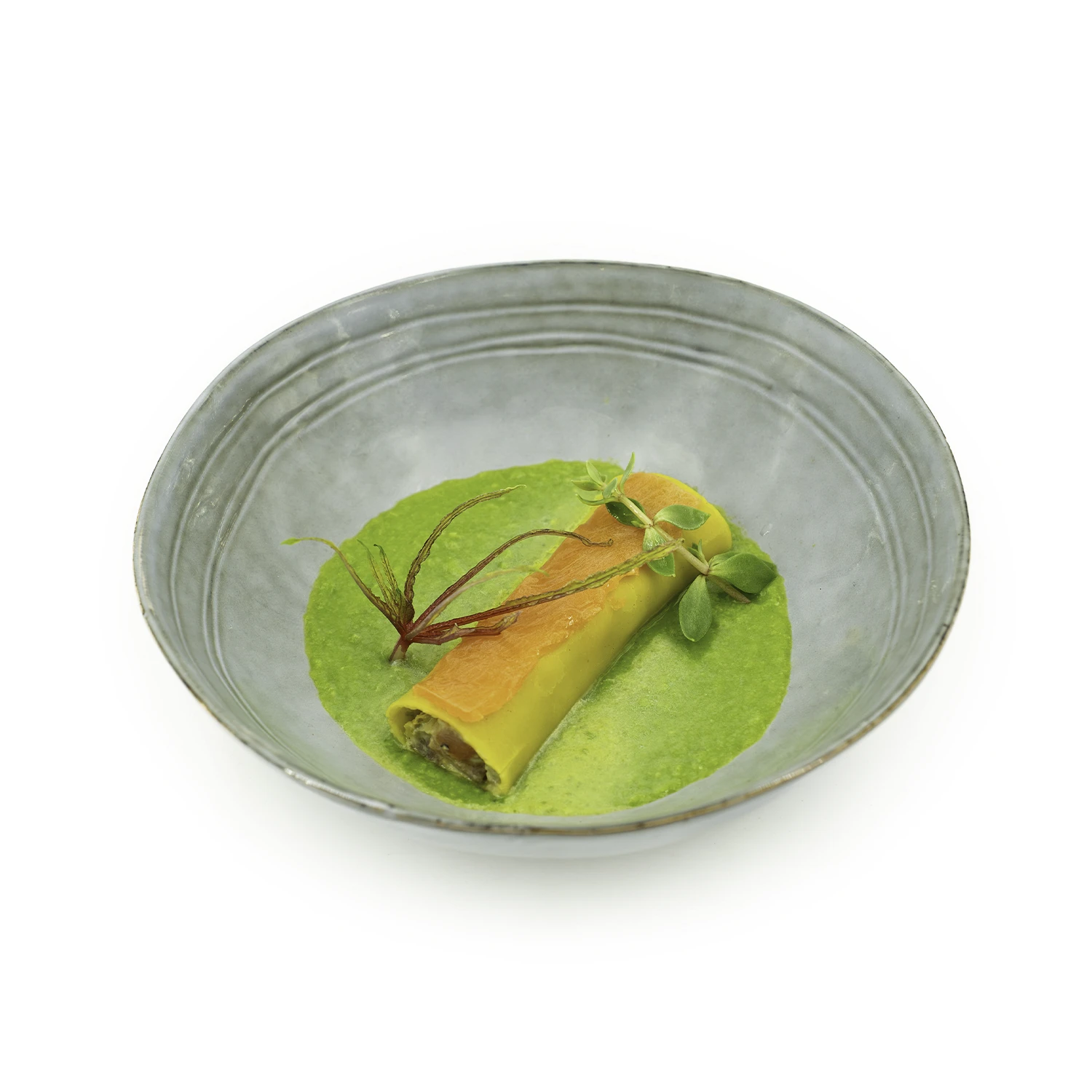 Cannelloni de truite fumée maison BD Cannelloni de truite fumée maison dans un bol vert sur fond blanc