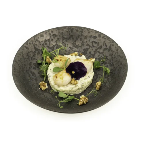 Coquille Saint-Jacques truffée dans une assiette noire sur fond blanc