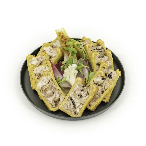 Duo de pâté en croûte, 12 tranches sur plateau rond noir