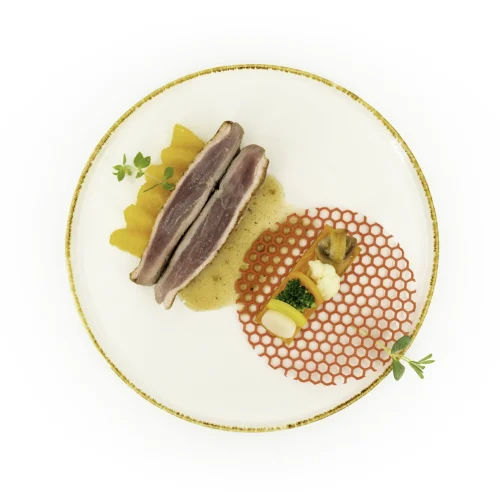 Filet de canette à l'orange en top shot sur fond blanc dans une assiette dorée