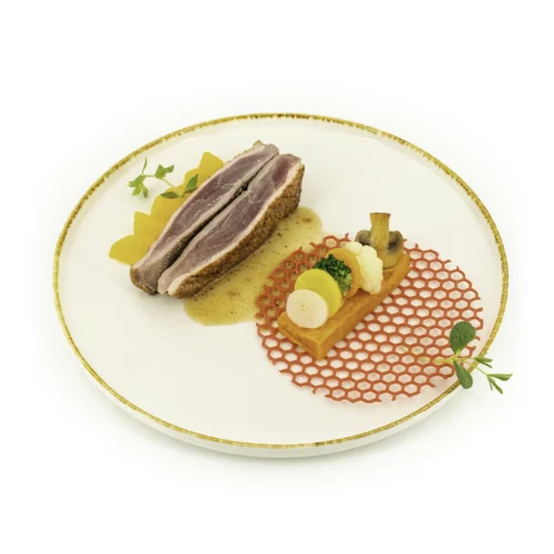 Filet de canette à l'orange sur fond blanc dans une assiette dorée