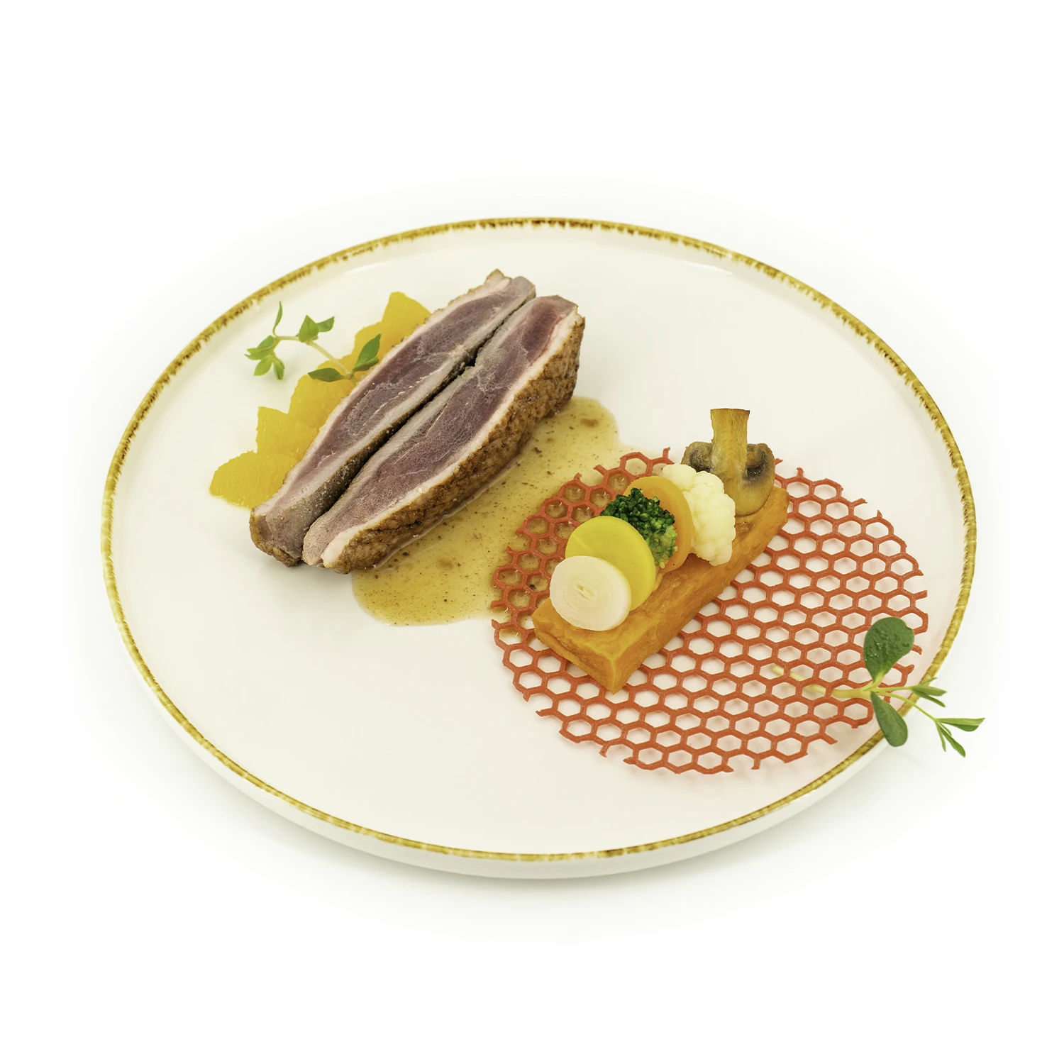 Filet de canette à l'orange BD Filet de canette à l'orange sur fond blanc dans une assiette dorée