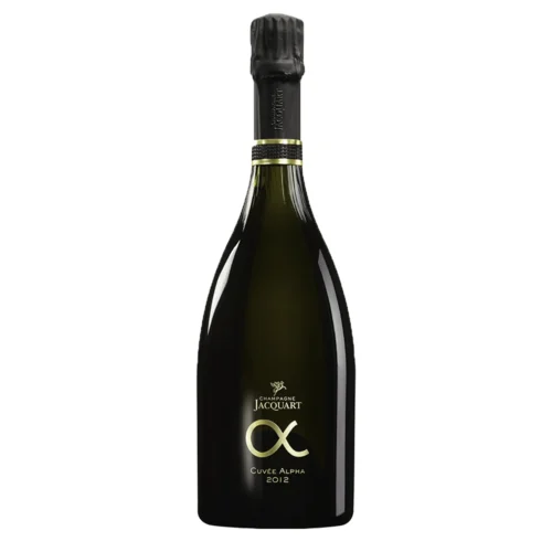 Bouteille entière de Champagne Jacquart Cuvée Alpha blanc sur fond blanc