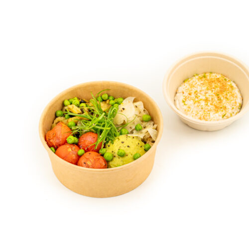 Vu d'ensemble du Poke Bowl Végan Orge et lentilles