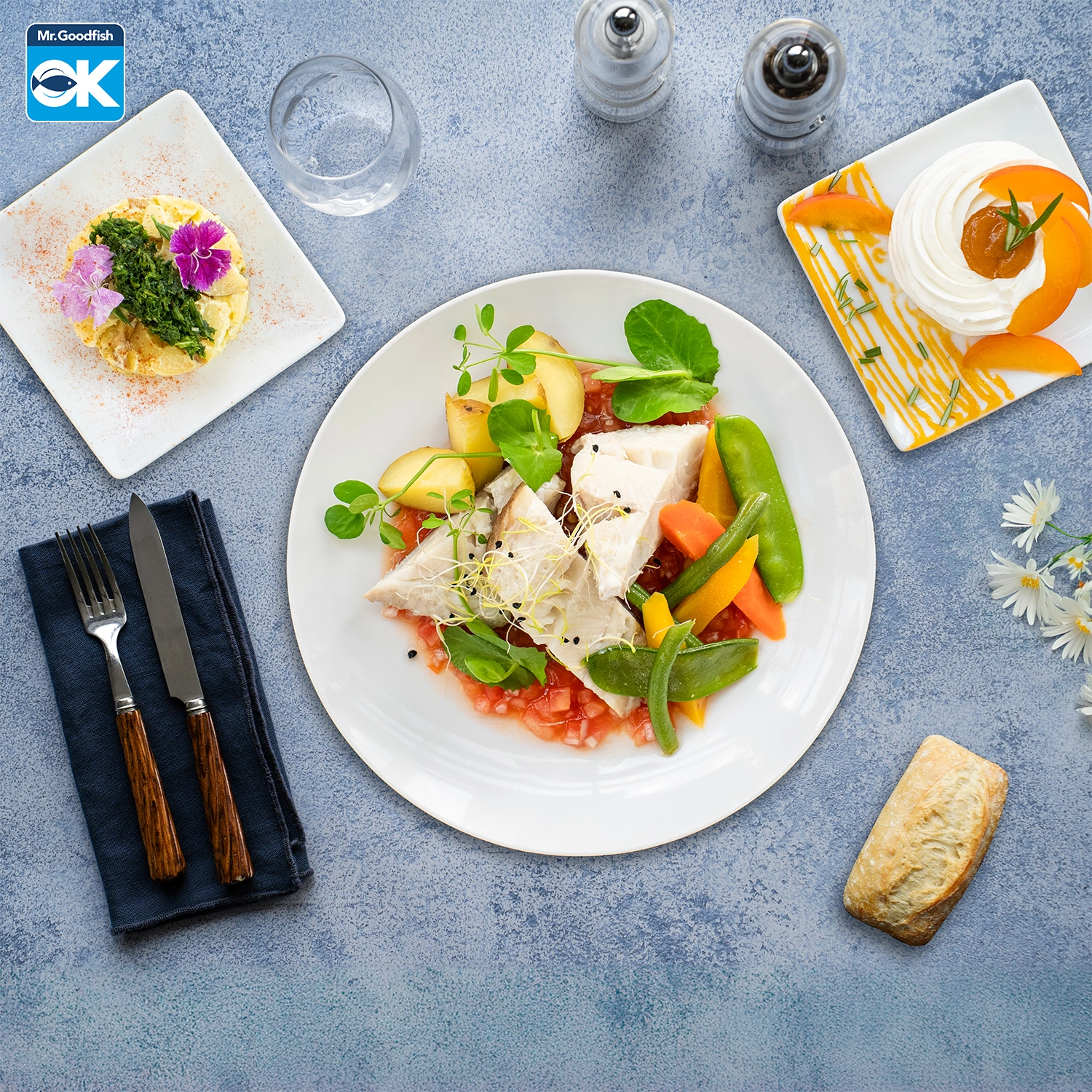 Plateaux repas Brésil 2014, salade de grenailles, dos de lieu, condiment tomates confites, pavlova abricot romarin.