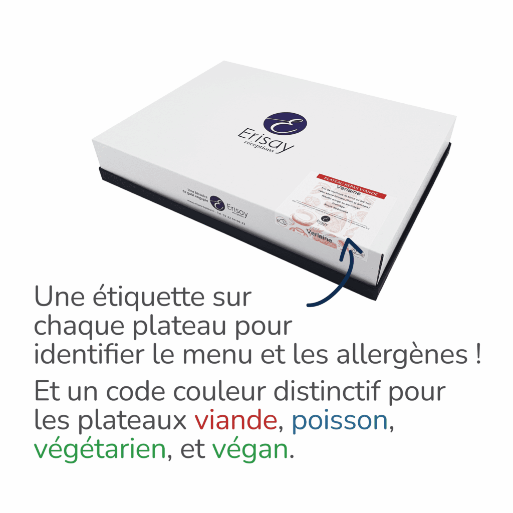 Boîte d'un plateau repas avec son étiquette désigant le menu ainsi que les allergènes du repas.