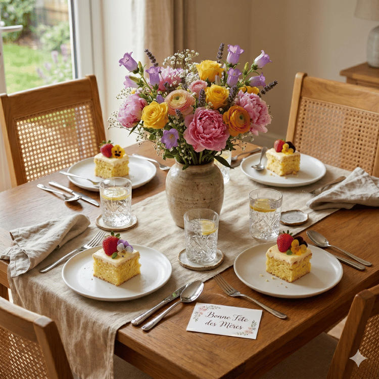 Vue sur une table familiale avec des desserts ERISAY dans chaque assiettes
