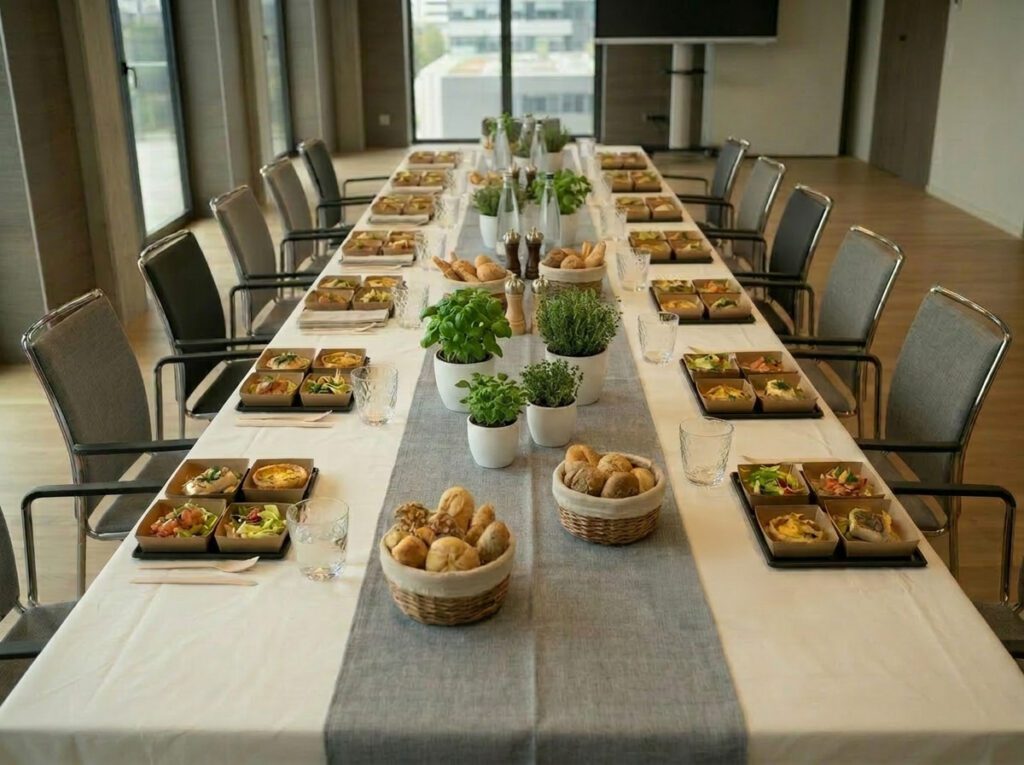 Plateaux repas ERISAY posaient sur une grande table dans une salle de séminaire.