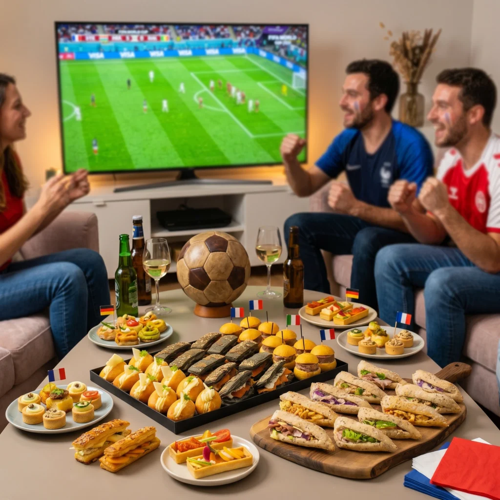 Buffet finger sur une table basse avec des supporters français dans le fond.